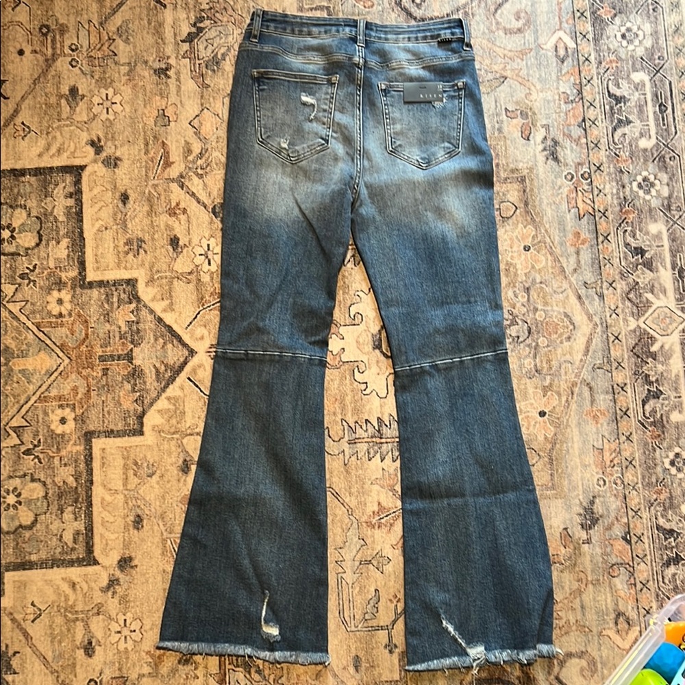 Blue Flare Wide Leg Jeans with Distressed Details - Picture 3 of 5